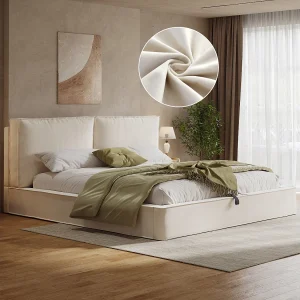 Gestoffeerd tweepersoonsbed met opbergruimte – 180 x 200 cm – met lattenbodem en hoofdeinde – fluweel – beige