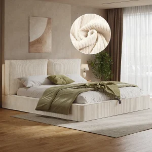 Gestoffeerd tweepersoonsbed met opbergruimte – 180 x 200 cm – met lattenbodem en hoofdeinde – corduroy – beige