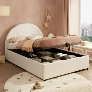 Gestoffeerd kinderbed met opbergruimte – 140 x 200 cm – met lattenbodem en hoofdeinde – fluweel – beige Gestoffeerd kinderbed met opbergruimte – 140 x 200 cm – met lattenbodem en hoofdeinde – fluweel – beige