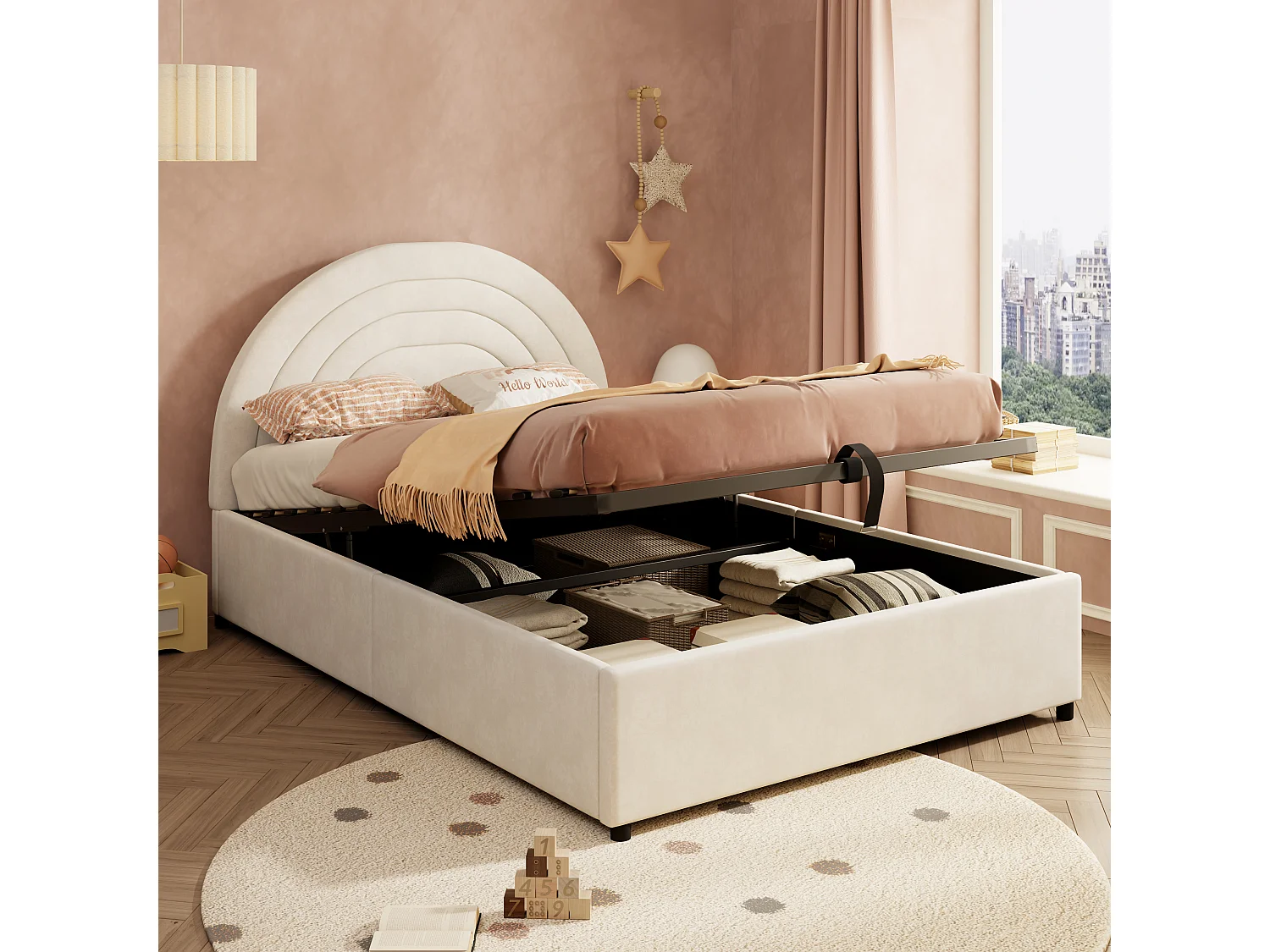 Gestoffeerd kinderbed met opbergruimte - 140 x 200 cm - met lattenbodem en hoofdeinde - fluweel - beige