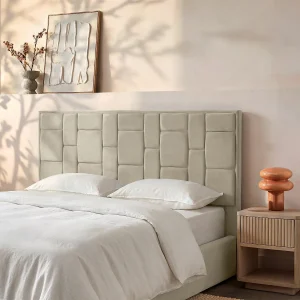 Modern hoofdbord van 160 cm in taupe fluweel – HERMINE Modern hoofdbord van 160 cm in taupe fluweel – HERMINE