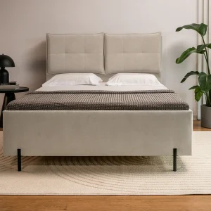 Gestoffeerd bed 140×200 met klaprugkussens – waterbestendige chenille – beige – BELLEO