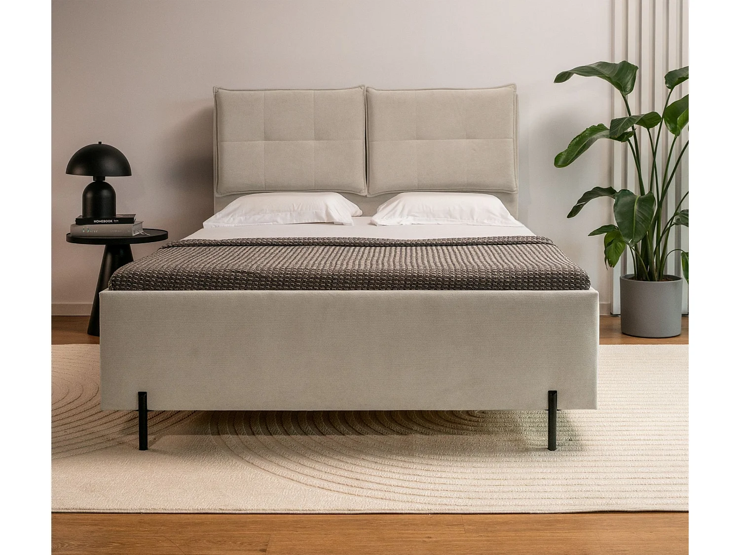 Gestoffeerd bed 140x200 met klaprugkussens – waterbestendige chenille – beige – BELLEO