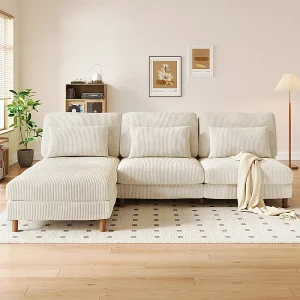 Hoekbank reversibel in geribbelde fluweel – 2-zits + méridienne – Beige – 256 x 160 x 88 cm Hoekbank reversibel in geribbelde fluweel – 2-zits + méridienne – Beige – 256 x 160 x 88 cm