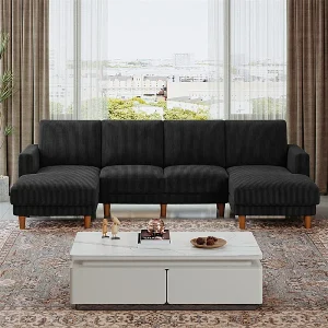 Grote panoramische hoekbank – 4-zits – chaise longue 109cm – van ribcord – 269x140x86 – Zwart Grote panoramische hoekbank – 4-zits – chaise longue 109cm – van ribcord – 269x140x86 – Zwart