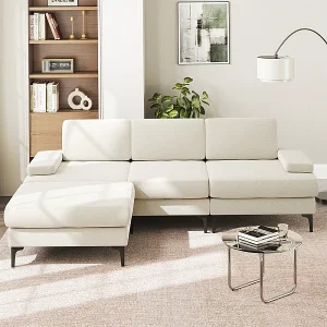 Hoekbank 3-zits in Chenille – met Pouf – Max. Belasting 650kg – 244x146x83cm – Beige Hoekbank 3-zits in Chenille – met Pouf – Max. Belasting 650kg – 244x146x83cm – Beige