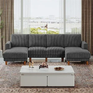 Grote panoramische hoekbank – 4-zits – chaise longue 109cm – van ribcord – 269x140x86 – Grijs Grote panoramische hoekbank – 4-zits – chaise longue 109cm – van ribcord – 269x140x86 – Grijs