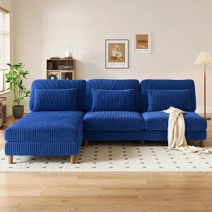 Hoekbank reversibel in geribbelde fluweel – 2-zits + méridienne – Blauw – 256 x 160 x 88 cm Hoekbank reversibel in geribbelde fluweel – 2-zits + méridienne – Blauw – 256 x 160 x 88 cm