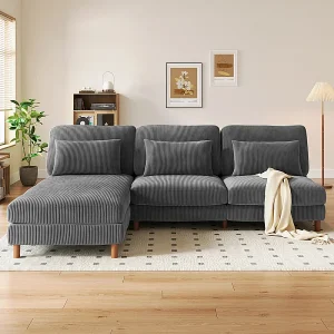 Hoekbank reversibel in geribbelde fluweel – 2-zits + méridienne – Grijs – 256 x 160 x 88 cm Hoekbank reversibel in geribbelde fluweel – 2-zits + méridienne – Grijs – 256 x 160 x 88 cm