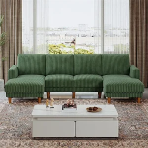 Grote panoramische hoekbank – 4-zits – chaise longue 109cm – van ribcord – 269x140x86 – Groen Grote panoramische hoekbank – 4-zits – chaise longue 109cm – van ribcord – 269x140x86 – Groen