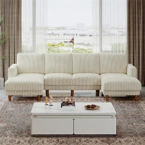 Grote panoramische hoekbank – 4-zits – chaise longue 109cm – van ribcord – 269x140x86 – Beige Grote panoramische hoekbank – 4-zits – chaise longue 109cm – van ribcord – 269x140x86 – Beige