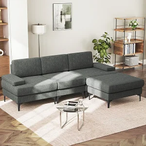 Hoekbank 3-zits in Chenille – met Pouf – Max. Belasting 650kg – 244x146x83cm – Grijs Hoekbank 3-zits in Chenille – met Pouf – Max. Belasting 650kg – 244x146x83cm – Grijs