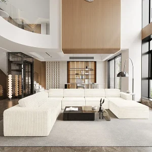Grote Modulaire Panoramische Hoekbank Links in Ribfluweel, met poef, 404x303x82cm, Beige Grote Modulaire Panoramische Hoekbank Links in Ribfluweel, met poef, 404x303x82cm, Beige