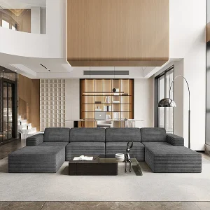 Grote Modulaire Hoekbank in Ribfluweel, 4-zits en 2 poefs, 404x202x82cm, Grijs Grote Modulaire Hoekbank in Ribfluweel, 4-zits en 2 poefs, 404x202x82cm, Grijs