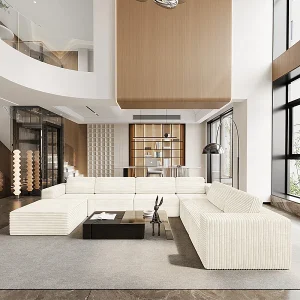 Grote Modulaire Panoramische Hoekbank Rechts in Ribfluweel, met poef, 404x303x82cm, Beige Grote Modulaire Panoramische Hoekbank Rechts in Ribfluweel, met poef, 404x303x82cm, Beige