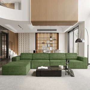 Grote Modulaire Bank 4-zits in Ribfluweel, met poef en 4 kussens, 404x202x82cm, Groen Grote Modulaire Bank 4-zits in Ribfluweel, met poef en 4 kussens, 404x202x82cm, Groen