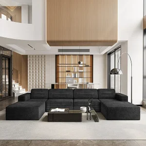 Grote Modulaire Hoekbank in Ribfluweel, 4-zits en 2 poefs, 404x202x82cm, Zwart Grote Modulaire Hoekbank in Ribfluweel, 4-zits en 2 poefs, 404x202x82cm, Zwart