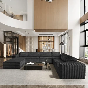 Grote Modulaire Panoramische Hoekbank Rechts in Ribfluweel, met poef, 404x303x82cm, Zwart Grote Modulaire Panoramische Hoekbank Rechts in Ribfluweel, met poef, 404x303x82cm, Zwart