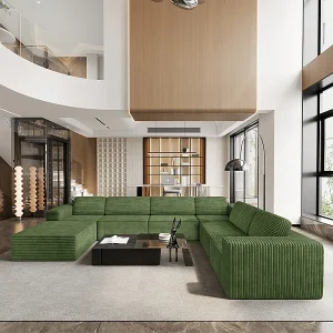 Grote Modulaire Panoramische Hoekbank Rechts in Ribfluweel, met poef, 404x303x82cm, Groen Grote Modulaire Panoramische Hoekbank Rechts in Ribfluweel, met poef, 404x303x82cm, Groen