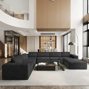 Grote Modulaire Panoramische Hoekbank Links in Ribfluweel, met poef, 404x303x82cm, Zwart Grote Modulaire Panoramische Hoekbank Links in Ribfluweel, met poef, 404x303x82cm, Zwart