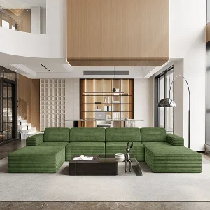 Grote Modulaire Hoekbank in Ribfluweel, 4-zits en 2 poefs, 404x202x82cm, Groen Grote Modulaire Hoekbank in Ribfluweel, 4-zits en 2 poefs, 404x202x82cm, Groen