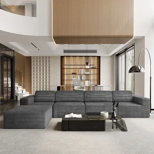 Grote Modulaire Bank 4-zits in Ribfluweel, met poef en 4 kussens, 404x202x82cm, Grijs Grote Modulaire Bank 4-zits in Ribfluweel, met poef en 4 kussens, 404x202x82cm, Grijs