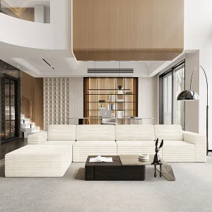 Grote Modulaire Bank 4-zits in Ribfluweel, met poef en 4 kussens, 404x202x82cm, Beige Grote Modulaire Bank 4-zits in Ribfluweel, met poef en 4 kussens, 404x202x82cm, Beige