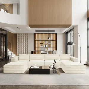 Grote Modulaire Hoekbank in Ribfluweel, 4-zits en 2 poefs, 404x202x82cm, Beige Grote Modulaire Hoekbank in Ribfluweel, 4-zits en 2 poefs, 404x202x82cm, Beige