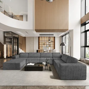 Grote Modulaire Panoramische Hoekbank Rechts in Ribfluweel, met poef, 404x303x82cm, Grijs Grote Modulaire Panoramische Hoekbank Rechts in Ribfluweel, met poef, 404x303x82cm, Grijs
