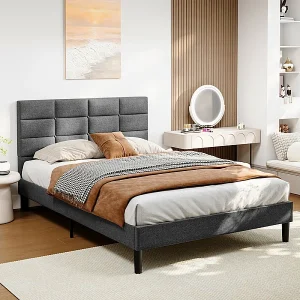 Gevuld tweepersoonsbed 140×200 cm in linnen, met hoofdeinde en lattenbodem, Antracietgrijs Gevuld tweepersoonsbed 140×200 cm in linnen, met hoofdeinde en lattenbodem, Antracietgrijs