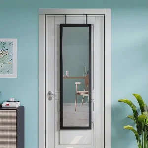 Hangende wanddeurspiegel 110x33cm, spiegel van gehard glas over de volledige lengte met 2 deurophanghaken, verstelbare hoogte – zwart Hangende wanddeurspiegel 110x33cm, spiegel van gehard glas over de volledige lengte met 2 deurophanghaken, verstelbare hoogte – zwart