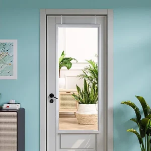 Hangende wanddeurspiegel 110x33cm, gehard glazen spiegel over de volledige lengte met 2 ophanghaken voor deur, verstelbare hoogte – wit Hangende wanddeurspiegel 110x33cm, gehard glazen spiegel over de volledige lengte met 2 ophanghaken voor deur, verstelbare hoogte – wit