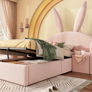 Gestoffeerd opbergbed 90×200 cm – met nachtkastje – hoofdeinde met konijnenoren – fluweel – roze (zonder matras) Gestoffeerd opbergbed 90×200 cm – met nachtkastje – hoofdeinde met konijnenoren – fluweel – roze (zonder matras)