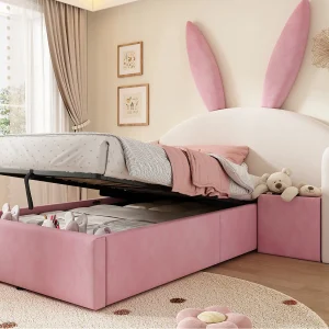 Gestoffeerd opbergbed 90×200 cm – met nachtkastje – hoofdeinde met konijnenoren – fluweel – roze + beige (zonder matras) Gestoffeerd opbergbed 90×200 cm – met nachtkastje – hoofdeinde met konijnenoren – fluweel – roze + beige (zonder matras)
