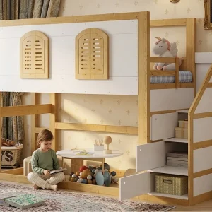 Halfhoogslaper voor kinderen 90×200 cm – trap met opbergruimte – ontwerp van leuningen en ramen – massief hout + MDF – wit + naturel (zonder matras) Halfhoogslaper voor kinderen 90×200 cm – trap met opbergruimte – ontwerp van leuningen en ramen – massief hout + MDF – wit + naturel (zonder matras)