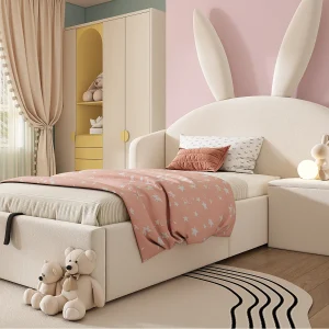 Gestoffeerd opbergbed 90×200 cm – met nachtkastje – hoofdeinde met konijnenoren – fluweel – beige (zonder matras) Gestoffeerd opbergbed 90×200 cm – met nachtkastje – hoofdeinde met konijnenoren – fluweel – beige (zonder matras)