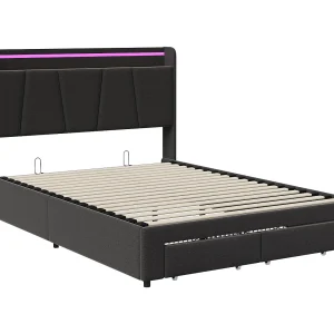 Gestoffeerd bed 140×200 met opbergruimte, ledverlichting en USB-oplaadpoorten, tweepersoonsbed, linnen, donkergrijs Gestoffeerd bed 140×200 met opbergruimte, ledverlichting en USB-oplaadpoorten, tweepersoonsbed, linnen, donkergrijs