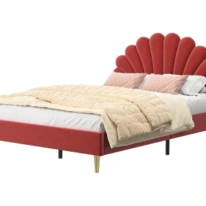 Gestoffeerd tweepersoonsbed, 140 x 200 cm, met voorgevormd hoofdeinde en lattenbodem, fluweel, rood