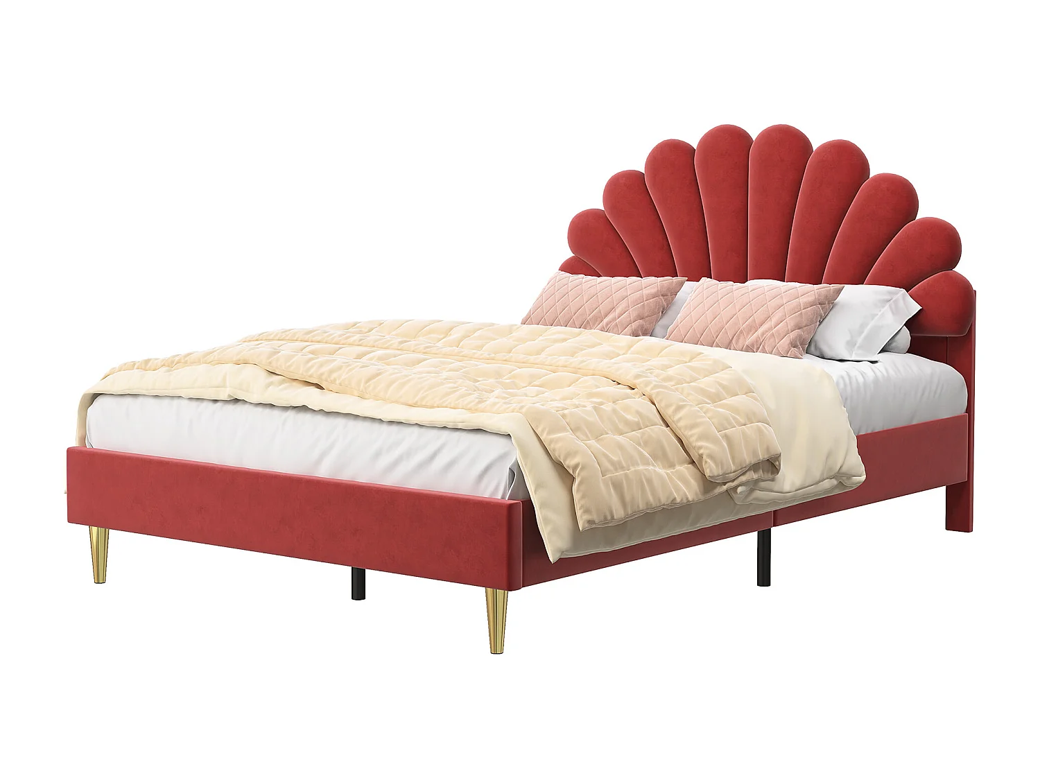 Gestoffeerd tweepersoonsbed, 140 x 200 cm, met voorgevormd hoofdeinde en lattenbodem, fluweel, rood