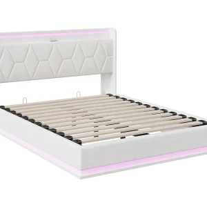 Gestoffeerd bed 140×200 cm met opbergruimte, ledverlichting en USB-oplaadpoorten, lattenbodem, wit