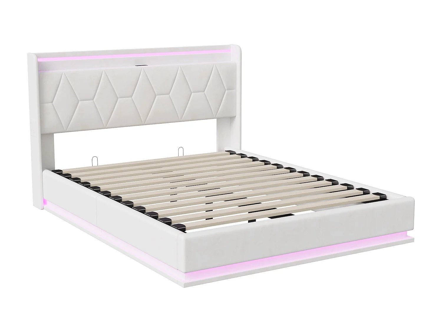 Gestoffeerd bed 140x200 cm met opbergruimte, ledverlichting en USB-oplaadpoorten, lattenbodem, wit