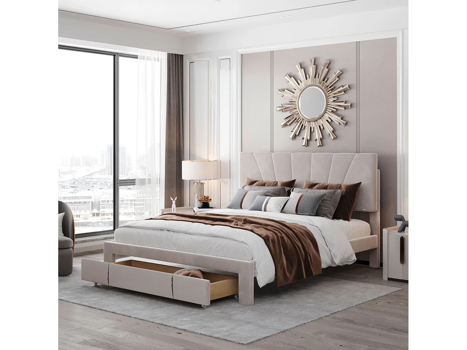 Gestoffeerd bed 140 x 200 cm - lattenbodem - grote lade - fluweel - Beige