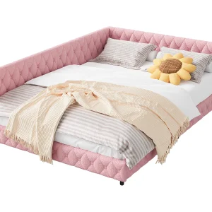 Gestoffeerd tweepersoonsbed 140 x 200 cm met ledverlichting en usb-poort, met hoofdbord en lattenbodem, roze Gestoffeerd tweepersoonsbed 140 x 200 cm met ledverlichting en usb-poort, met hoofdbord en lattenbodem, roze