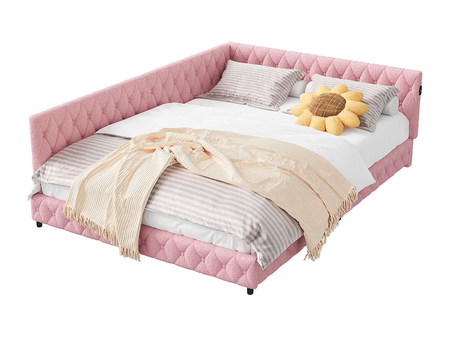 Gestoffeerd tweepersoonsbed 140 x 200 cm met ledverlichting en usb-poort, met hoofdbord en lattenbodem, roze