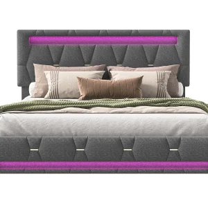 Gestoffeerd tweepersoonsbed 140 x 200 cm, LED-verlichting, met lattenbodem, opbergruimte, grijs Gestoffeerd tweepersoonsbed 140 x 200 cm, LED-verlichting, met lattenbodem, opbergruimte, grijs