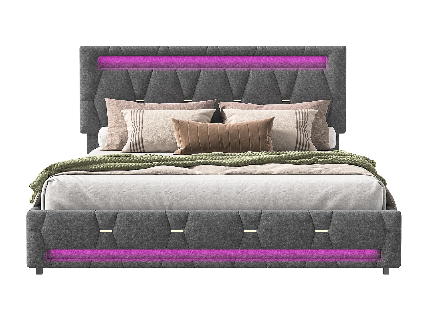 Gestoffeerd tweepersoonsbed 140 x 200 cm, LED-verlichting, met lattenbodem, opbergruimte, grijs