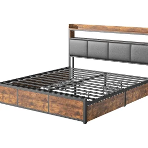 Gestoffeerd bed van 180×200 cm, metalen bed met LED-verlichting, met 4 lades, massief houten opbergbed, houtkleur Gestoffeerd bed van 180×200 cm, metalen bed met LED-verlichting, met 4 lades, massief houten opbergbed, houtkleur