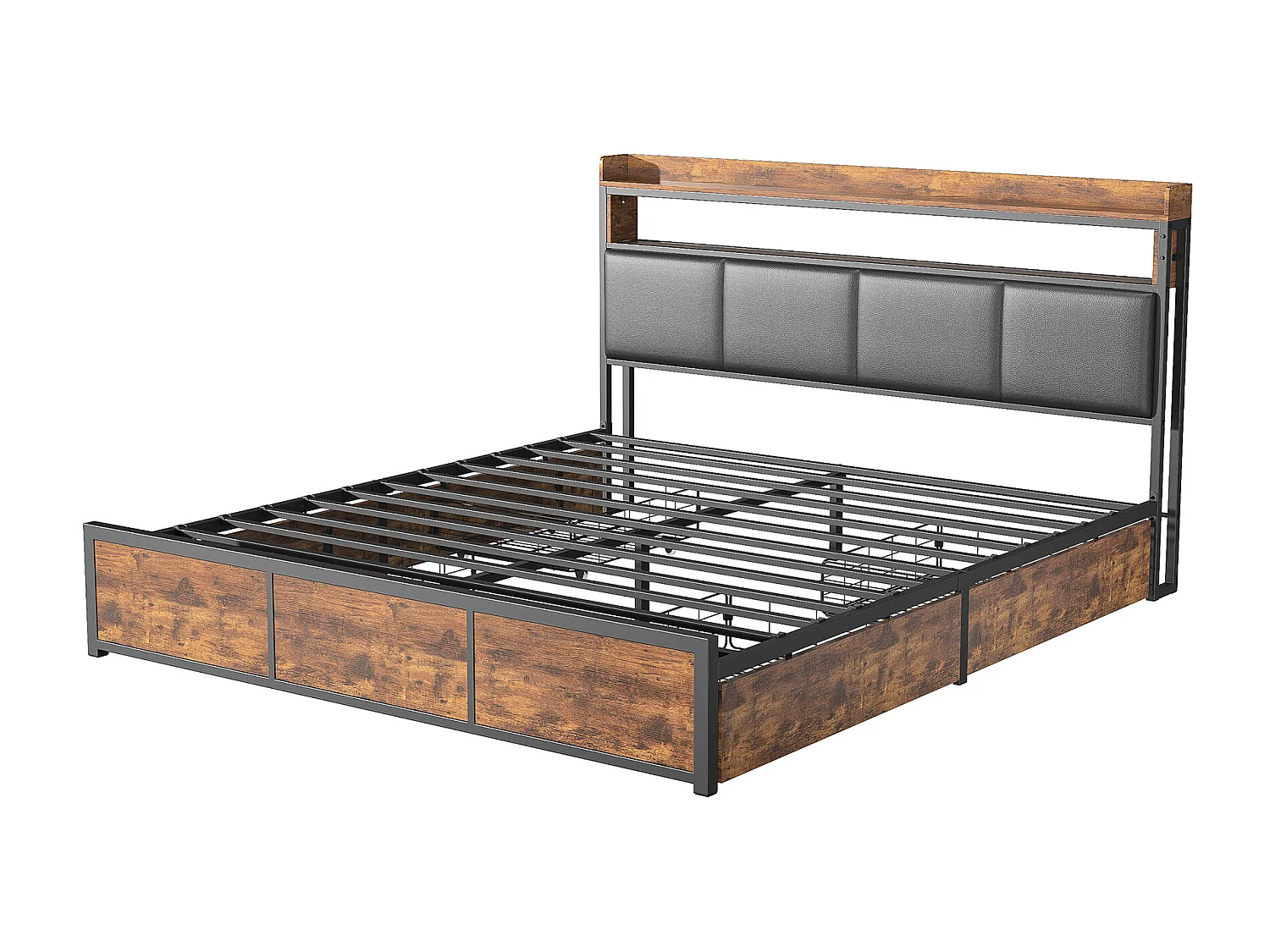 Gestoffeerd bed van 180x200 cm, metalen bed met LED-verlichting, met 4 lades, massief houten opbergbed, houtkleur