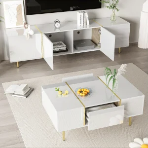 Glanzende tv-standaard en moderne salontafelset, opbergkasten, wit Glanzende tv-standaard en moderne salontafelset, opbergkasten, wit