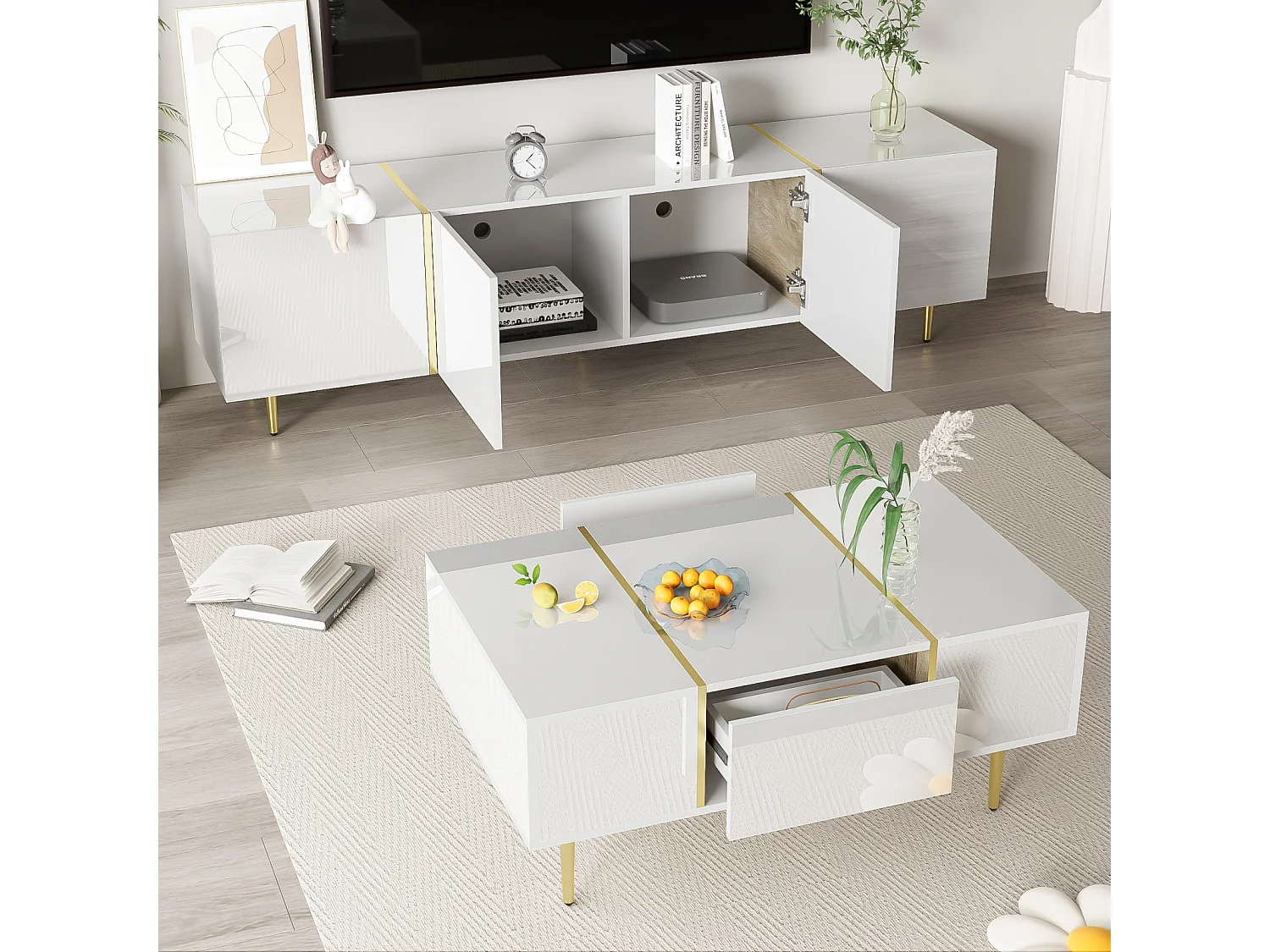 Glanzende tv-standaard en moderne salontafelset, opbergkasten, wit